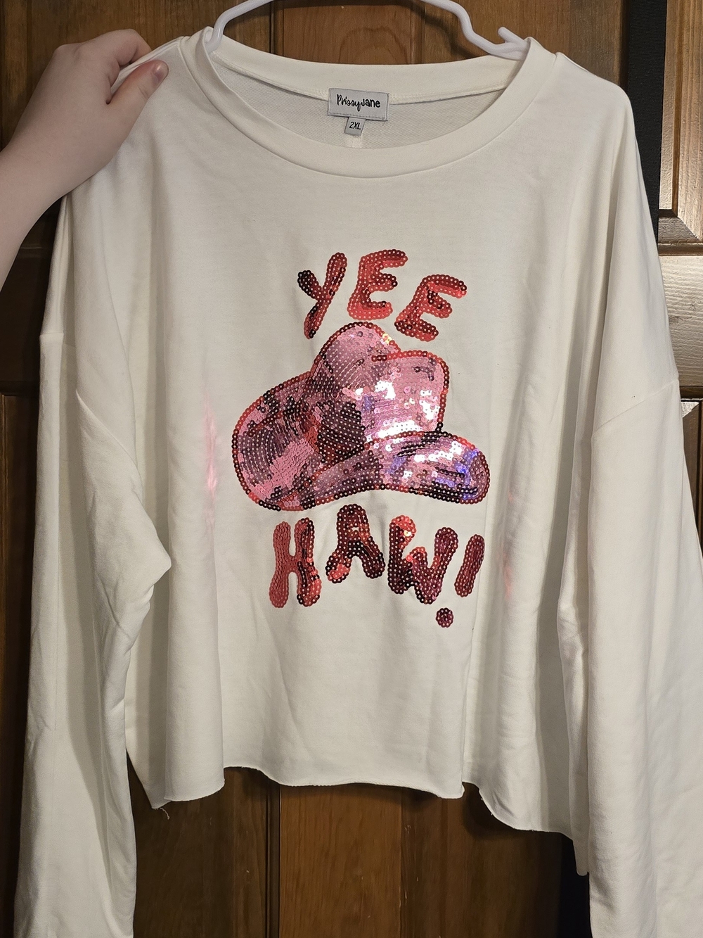 Philosophy Cream Sequin 'YEE HAW!' Long-Sleeve Crop Top